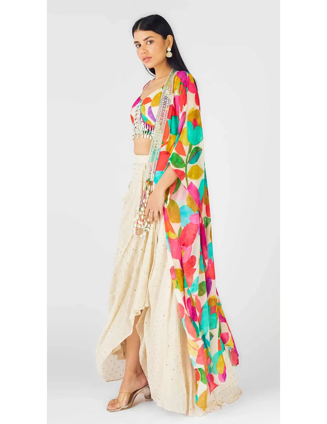 Multi Crepe Embroidered Abstract Cape Set