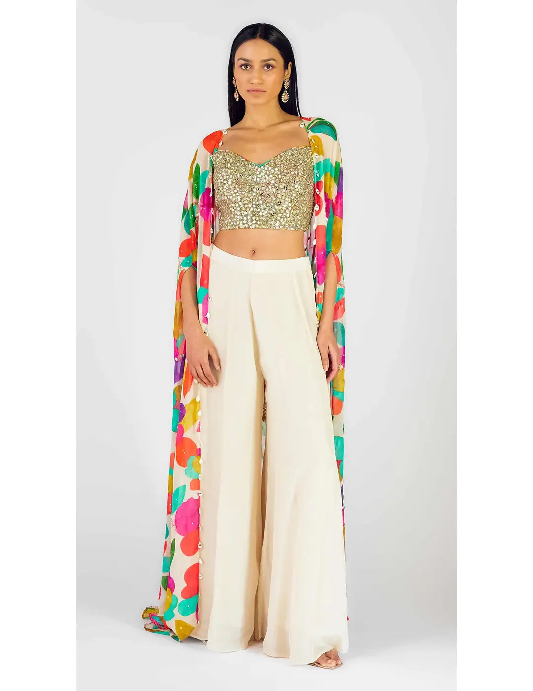 Multi Crepe Embroidered Abstract Cape Set