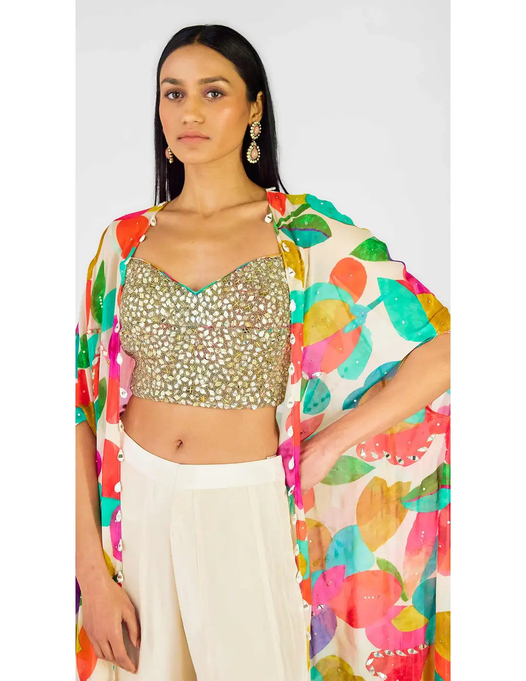 Multi Crepe Embroidered Abstract Cape Set