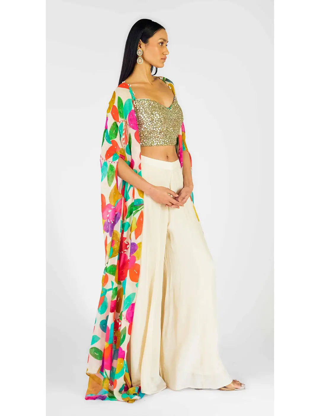 Multi Crepe Embroidered Abstract Cape Set