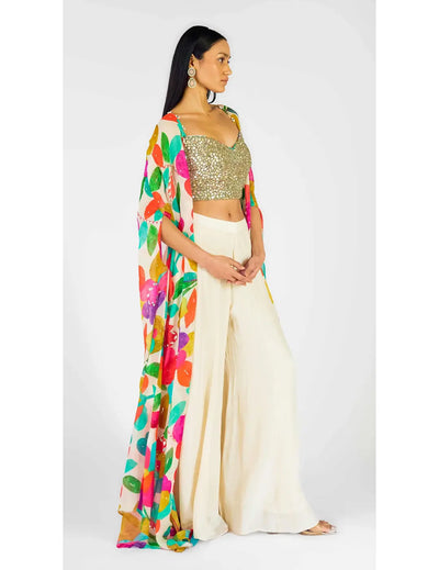 Multi Crepe Embroidered Abstract Cape Set