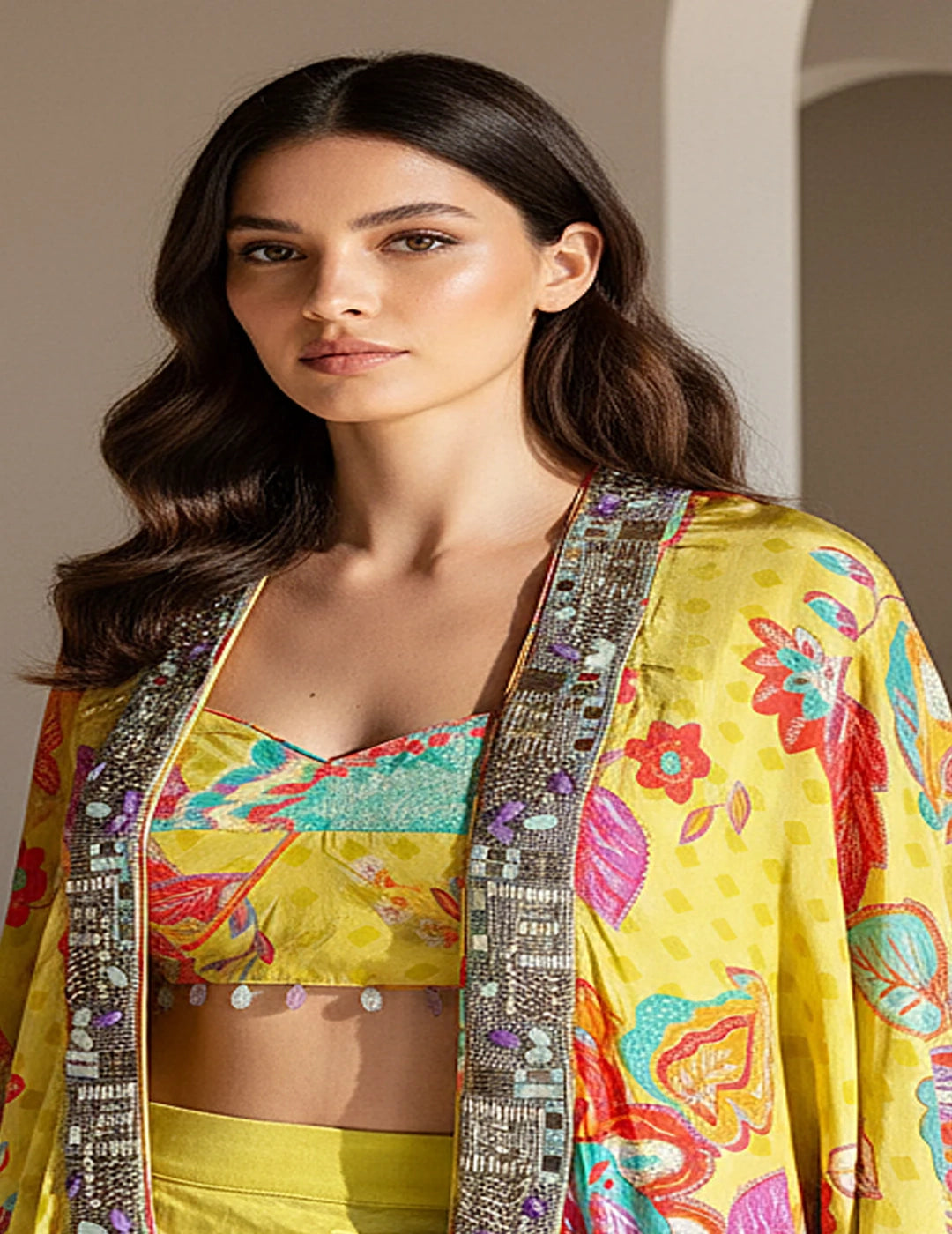 Lime Crepe Floral Embroidered Cape Set – Studio J Shop