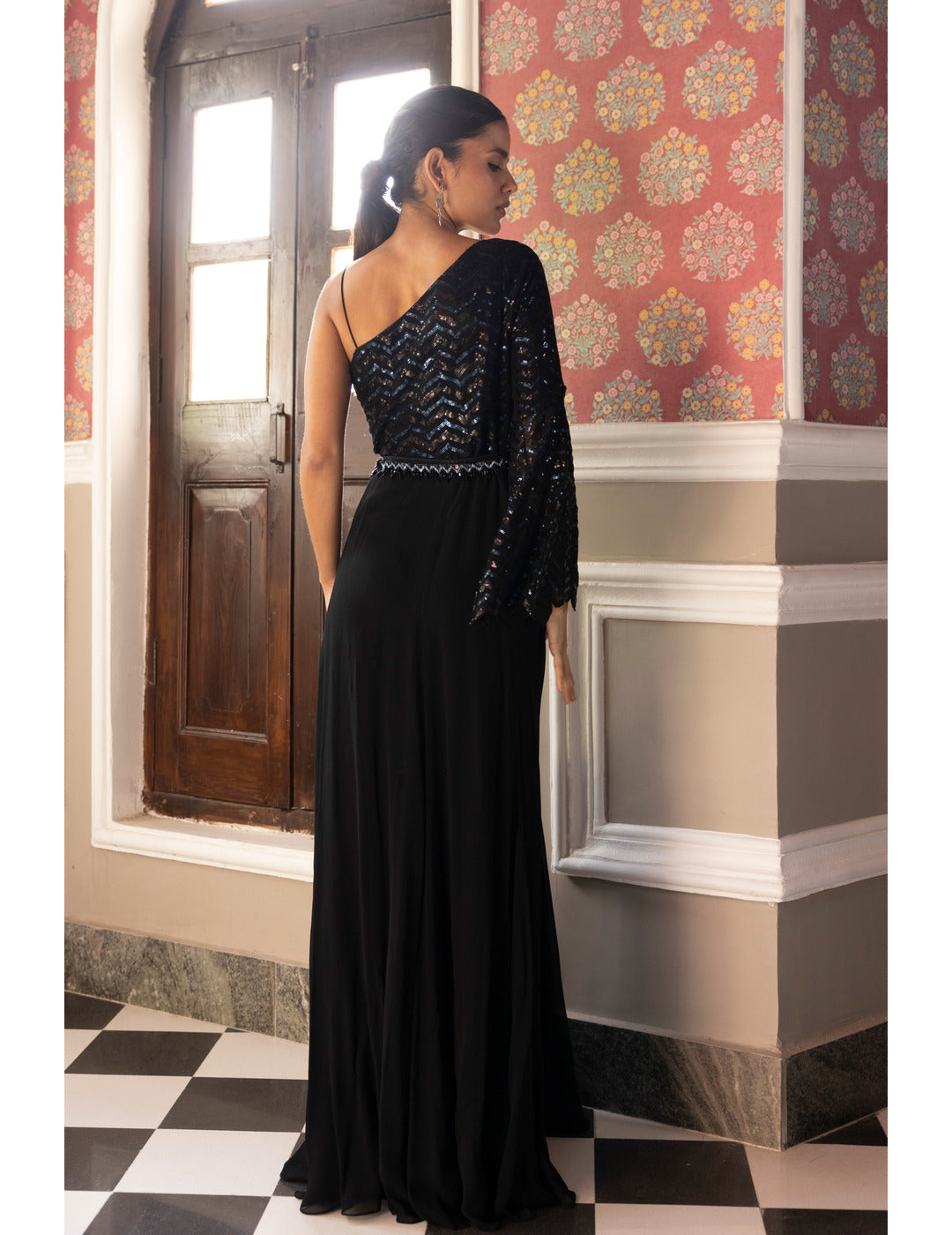 Black Sequins One Shoulder Gown