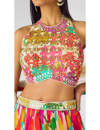 Multi Georgette Embroidered Abstract Lehenga Set