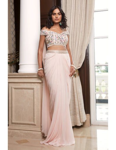 Pink Skirt Set with Attached Dupatta