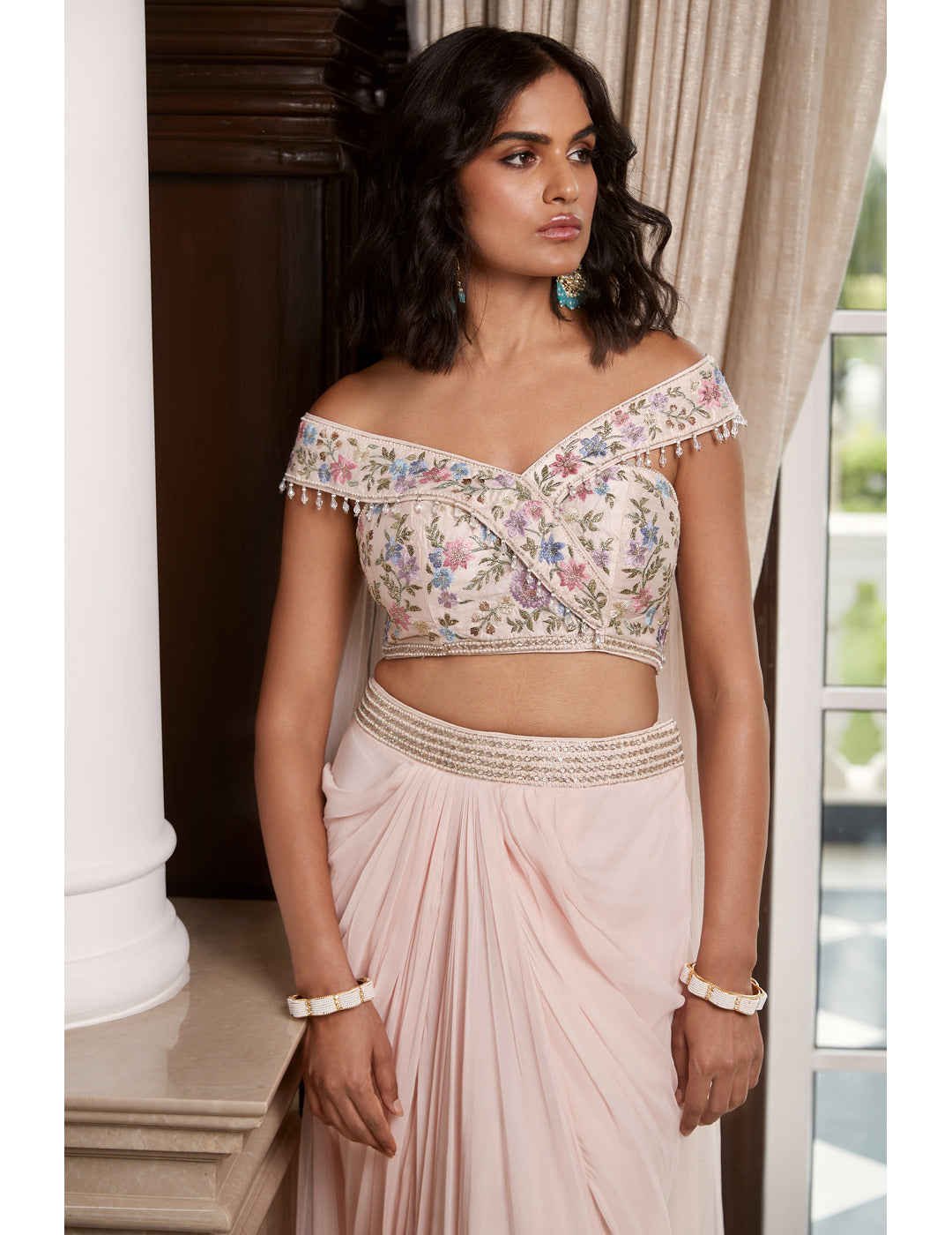 Pink Skirt Set with Attached Dupatta
