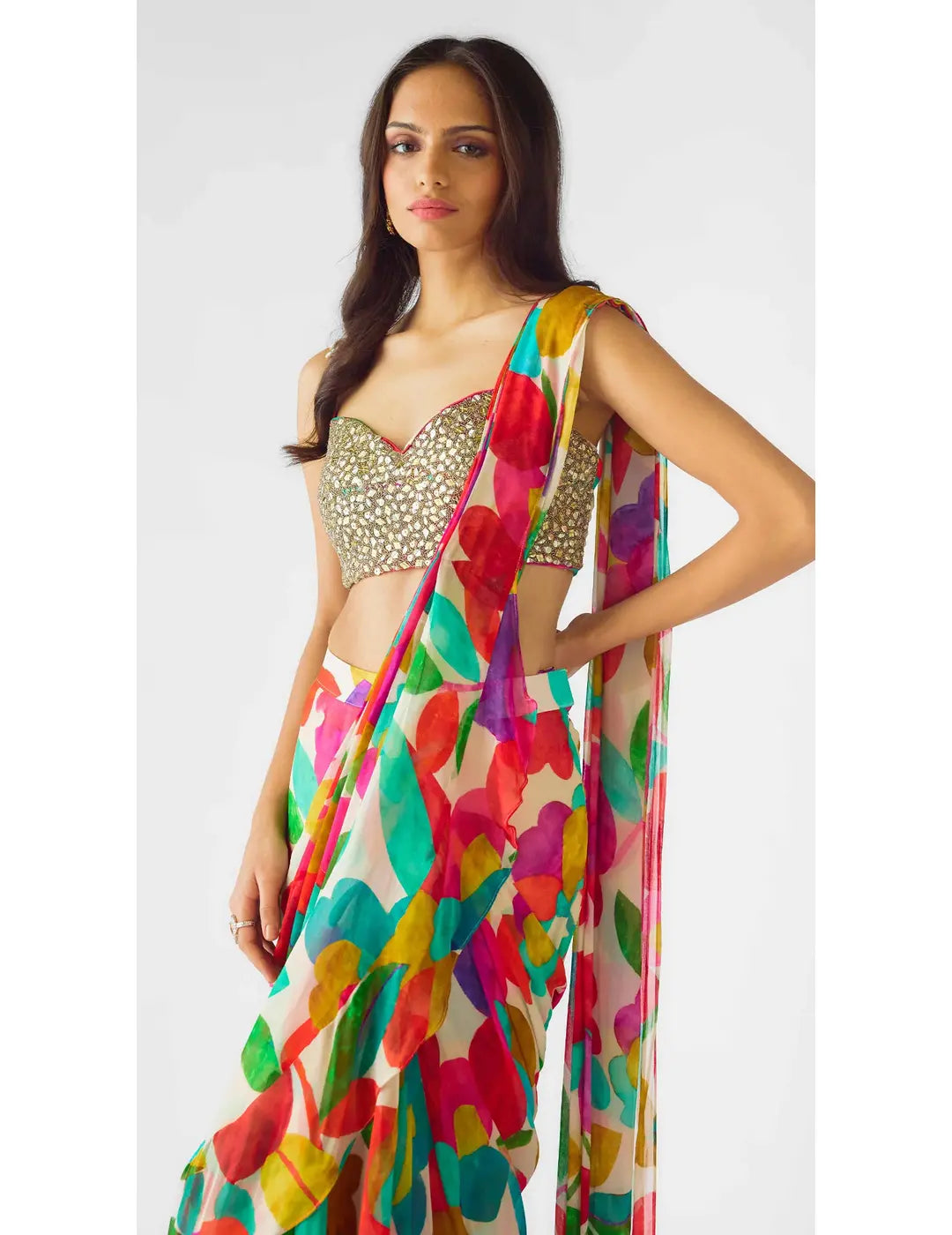 Multi Georgette Embroidered Draped Saree Set