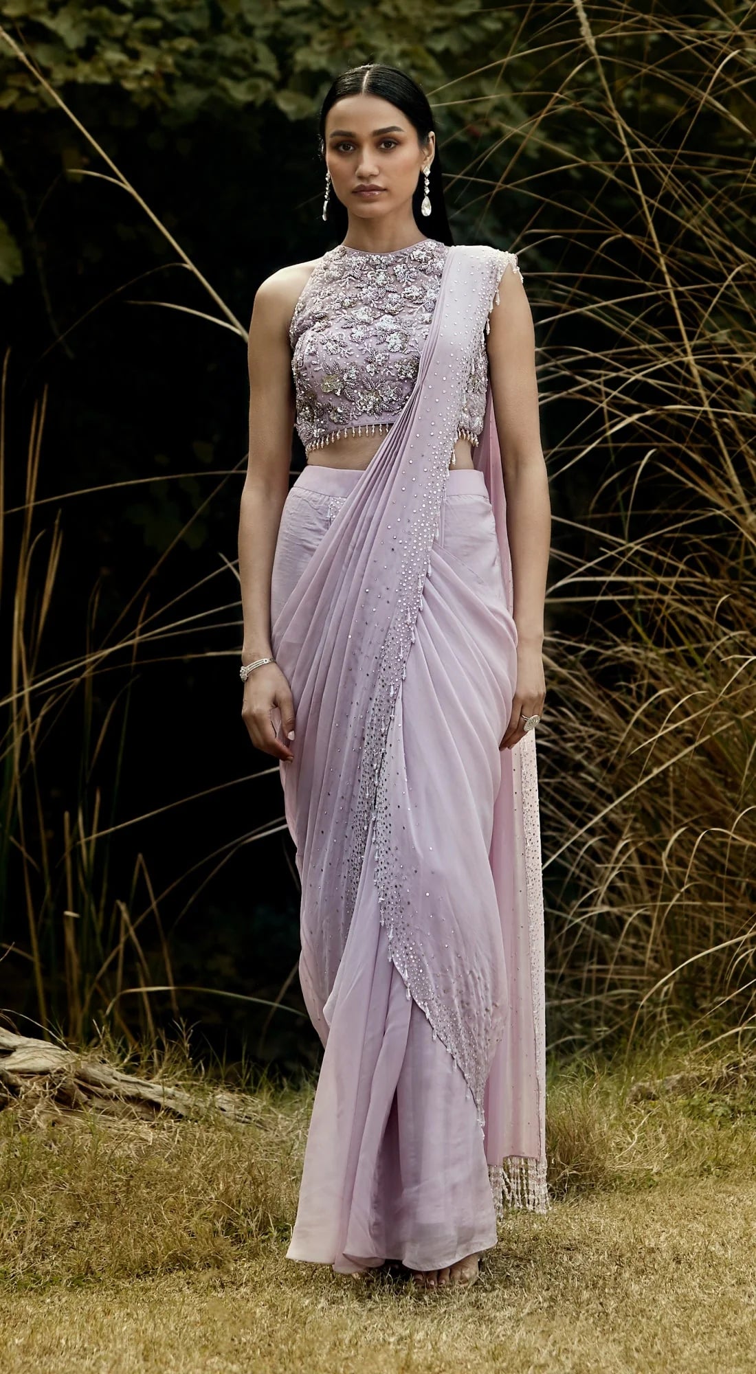 Lilac Embroidered Pre Draped Saree