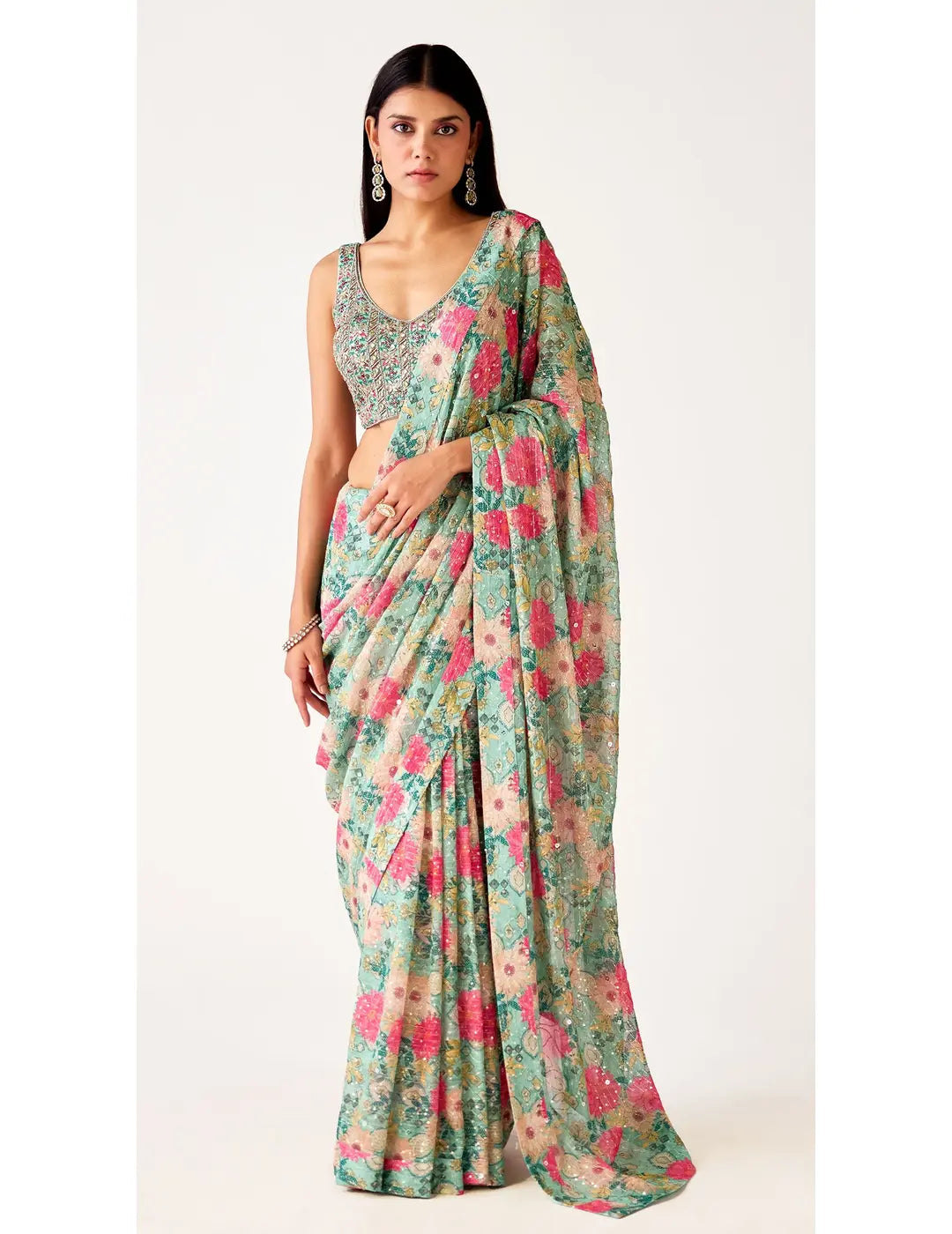 Green Georgette Embroidered Saree