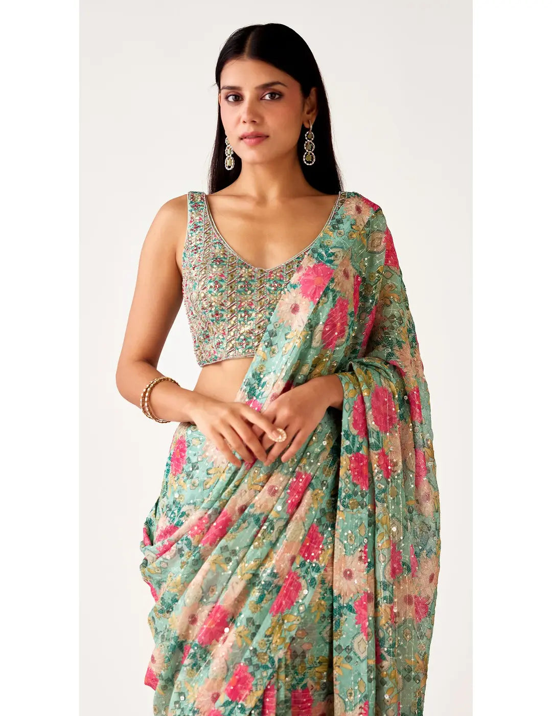 Green Georgette Embroidered Saree