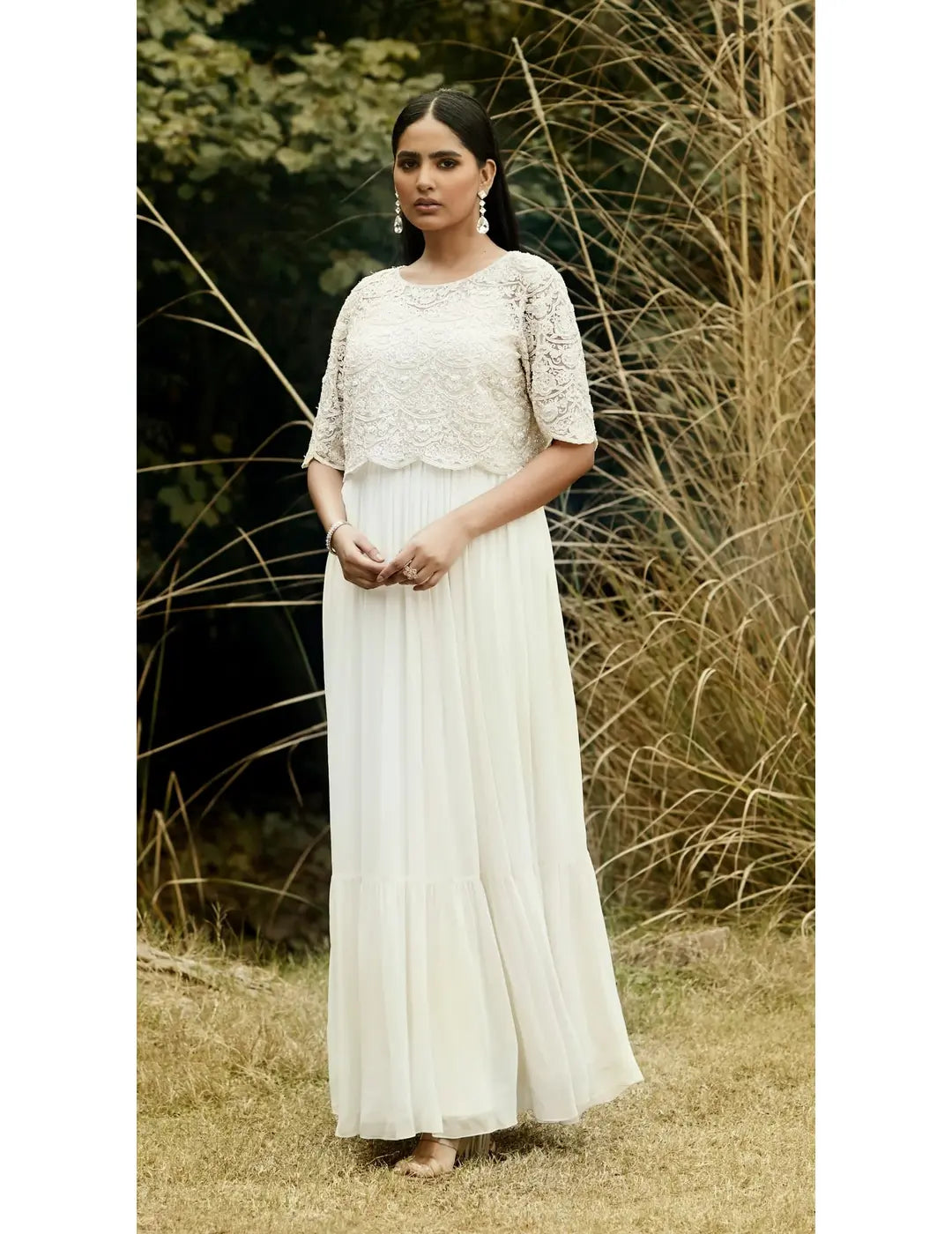 Ivory Embroidered Dress & Cape Set