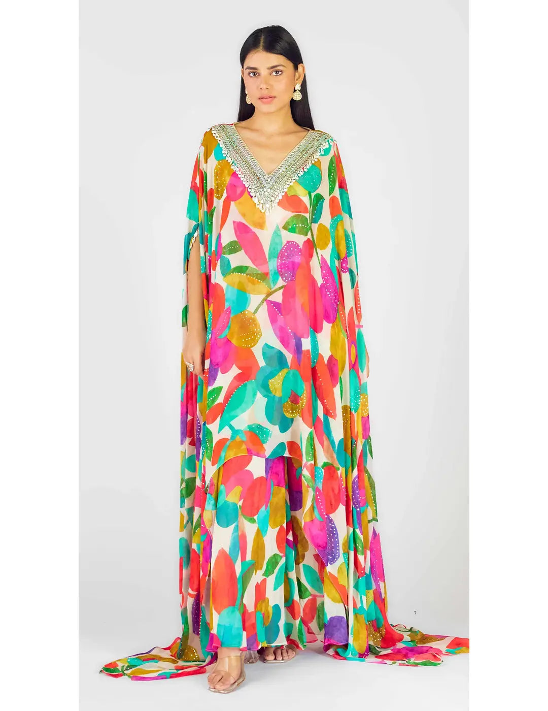 Multi Georgette Abstract Kaftan Sharara Set