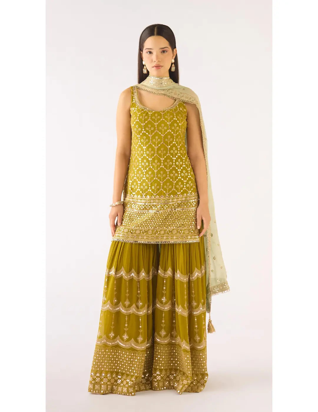 Lime Georgette Embroidered Sharara Set