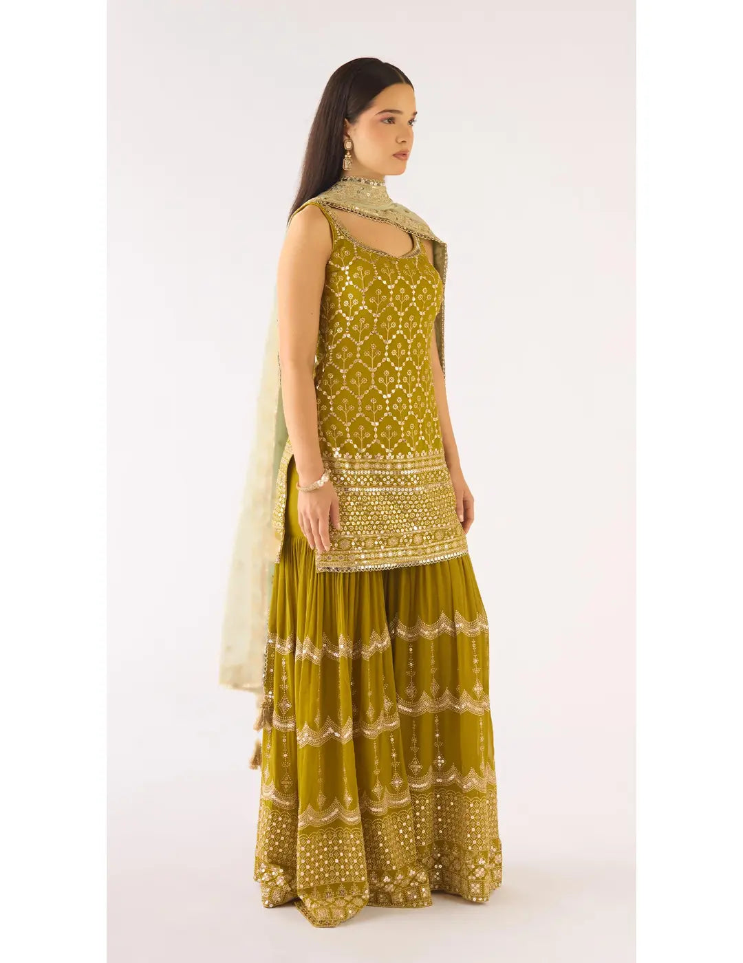 Lime Georgette Embroidered Sharara Set
