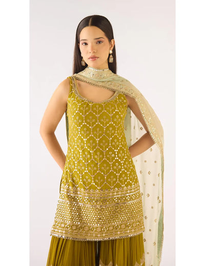 Lime Georgette Embroidered Sharara Set