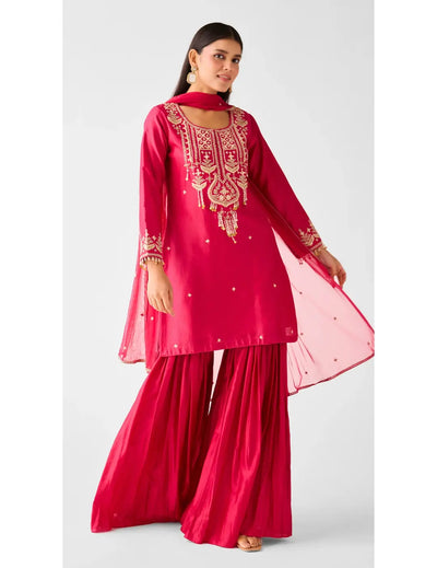 Rani Pink Chanderi Embroidered Sharara Set