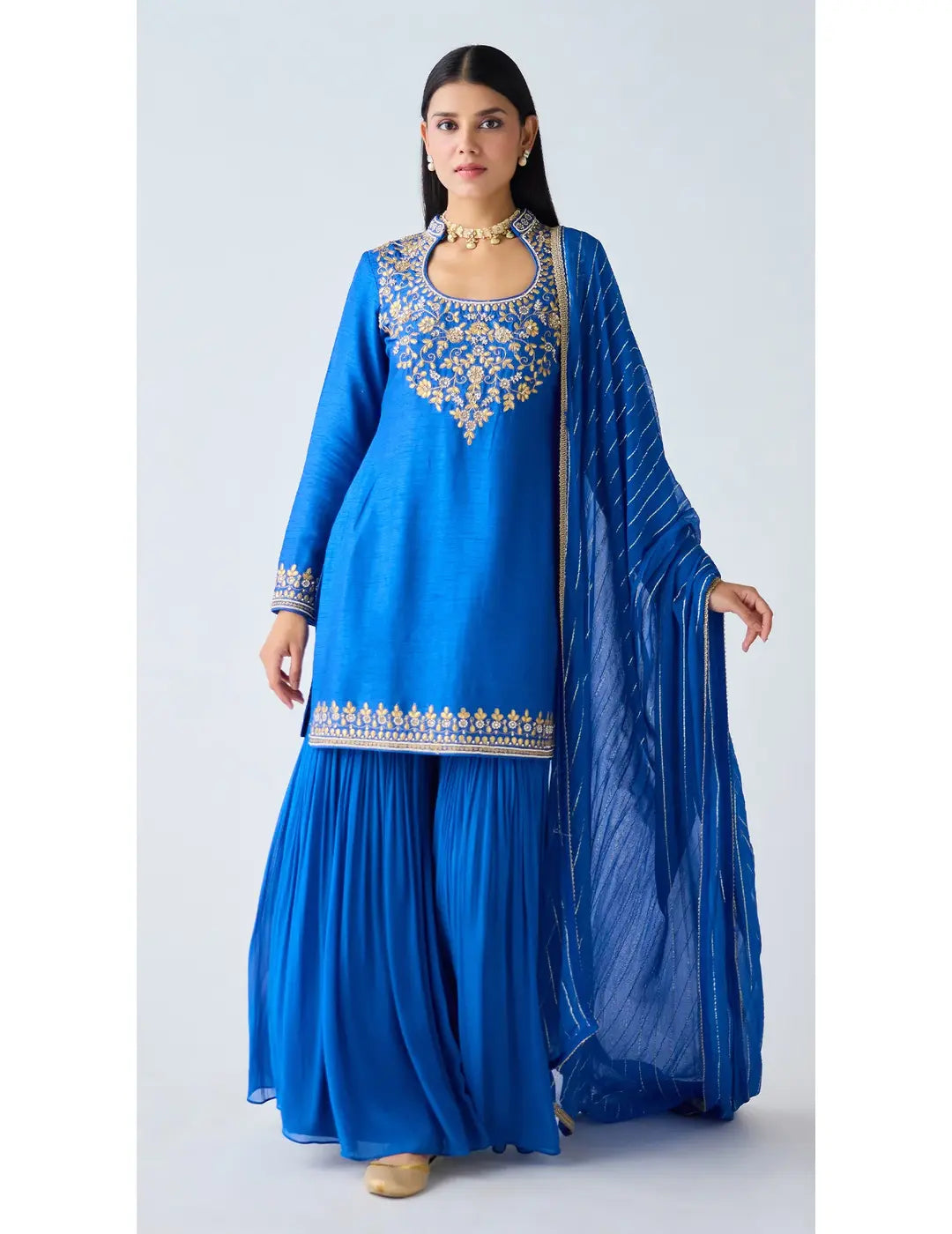 Blue Silk Embroidered Sharara Set