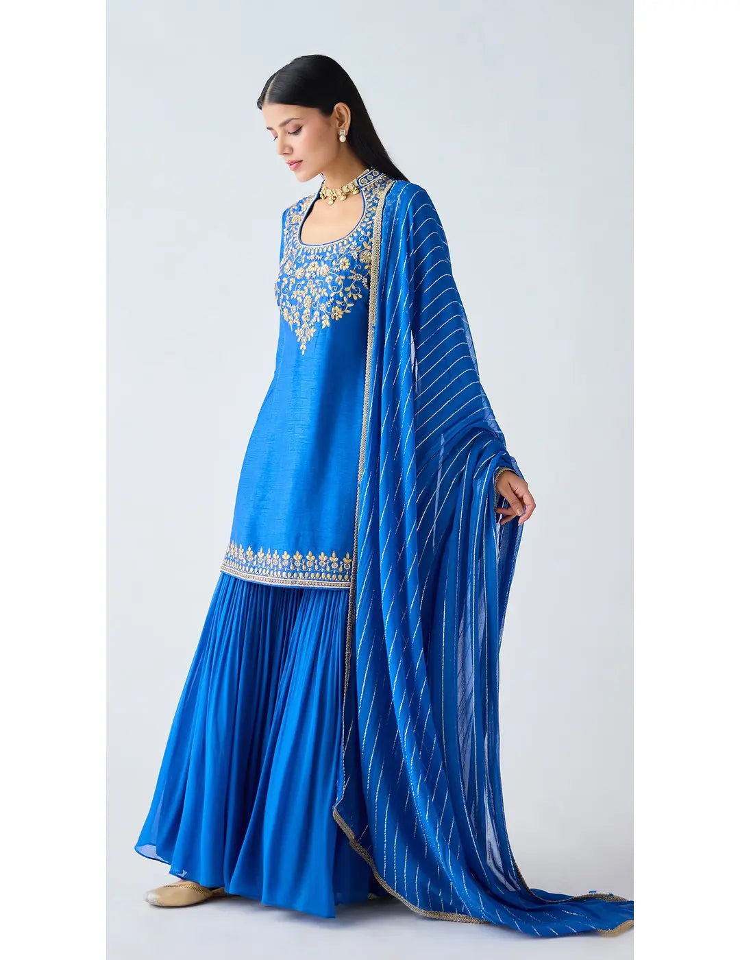 Blue Silk Embroidered Sharara Set