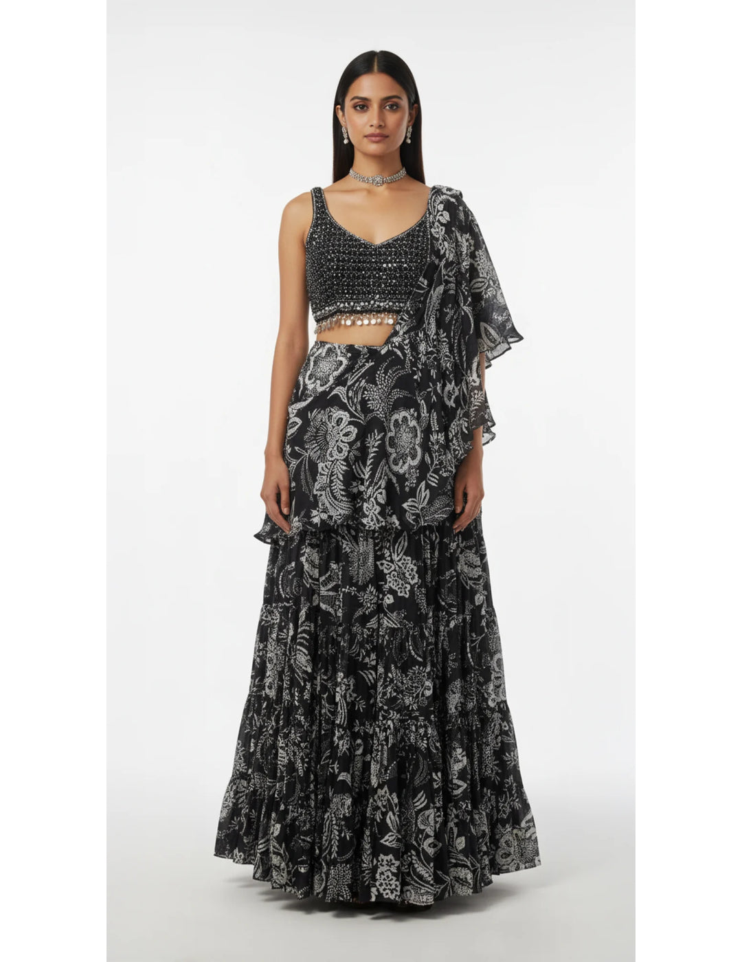 Black Crepe Embroidered Draped Saree Set