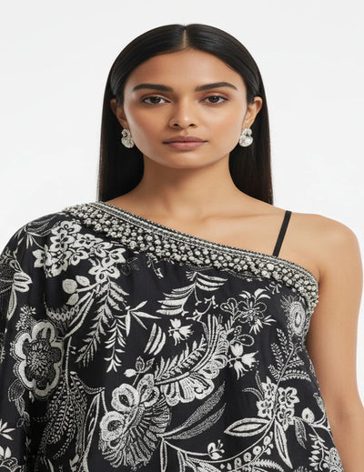 Black Crepe Embroidered Sharara Set