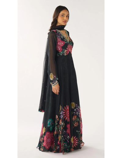 Black Georgette Embroidered Anarkali Set
