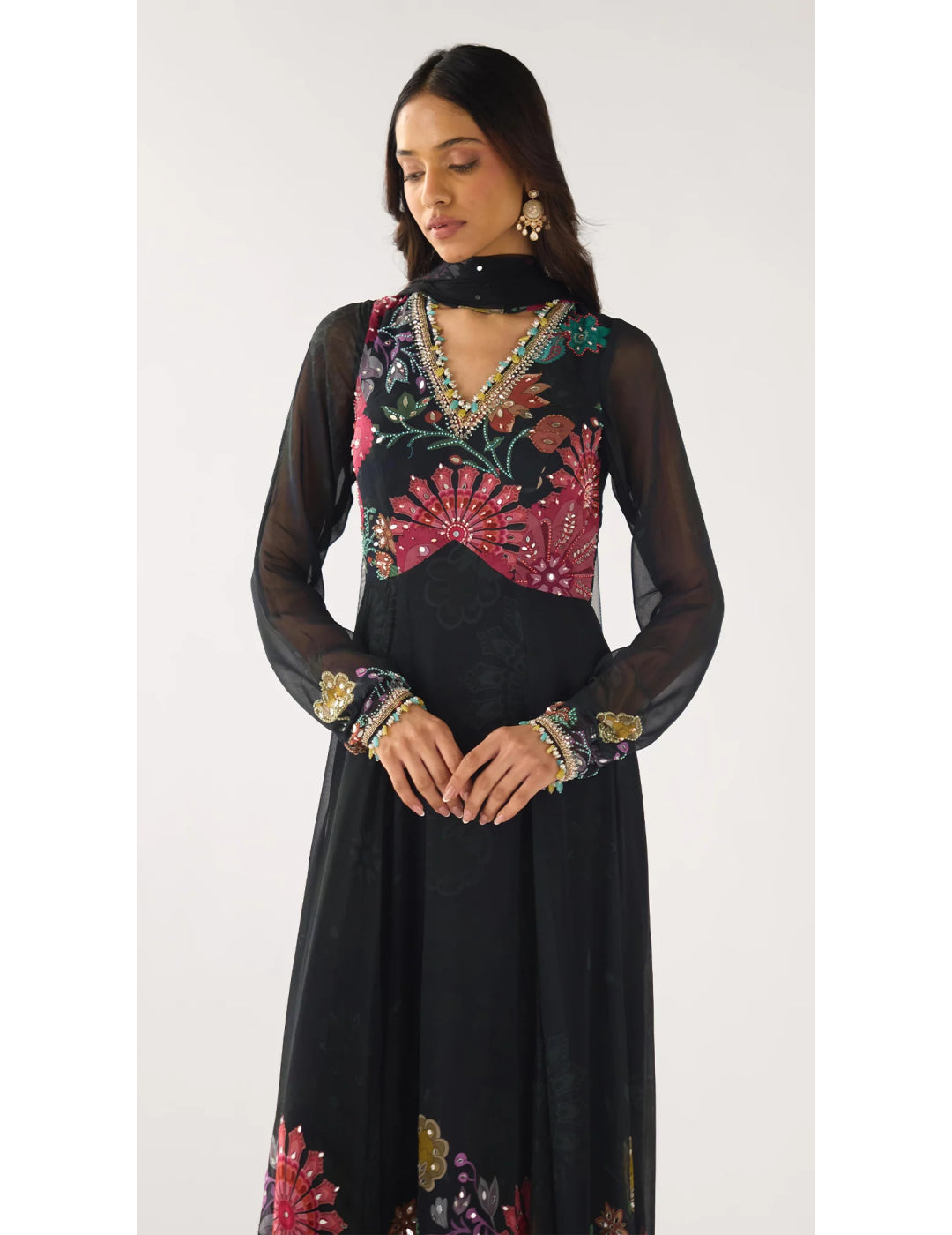 Black Georgette Embroidered Anarkali Set