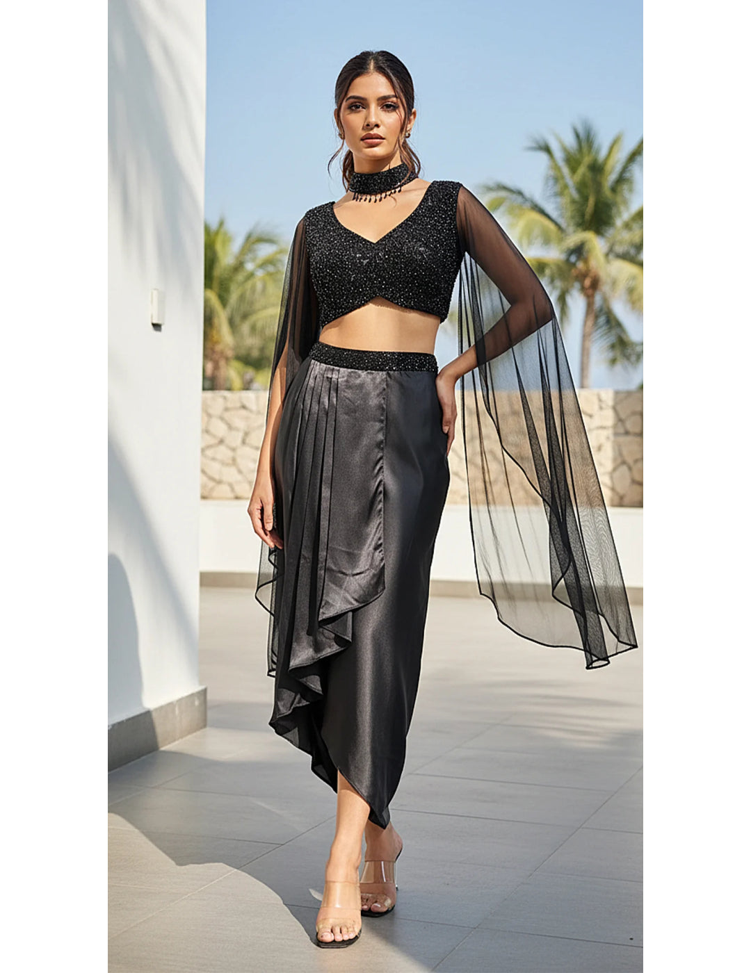 Black Georgette Embroidered Fusion Set
