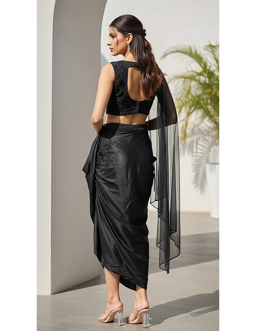 Black Georgette Embroidered Fusion Set