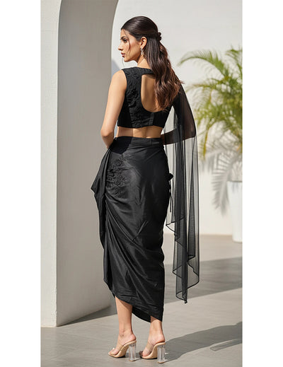 Black Georgette Embroidered Fusion Set