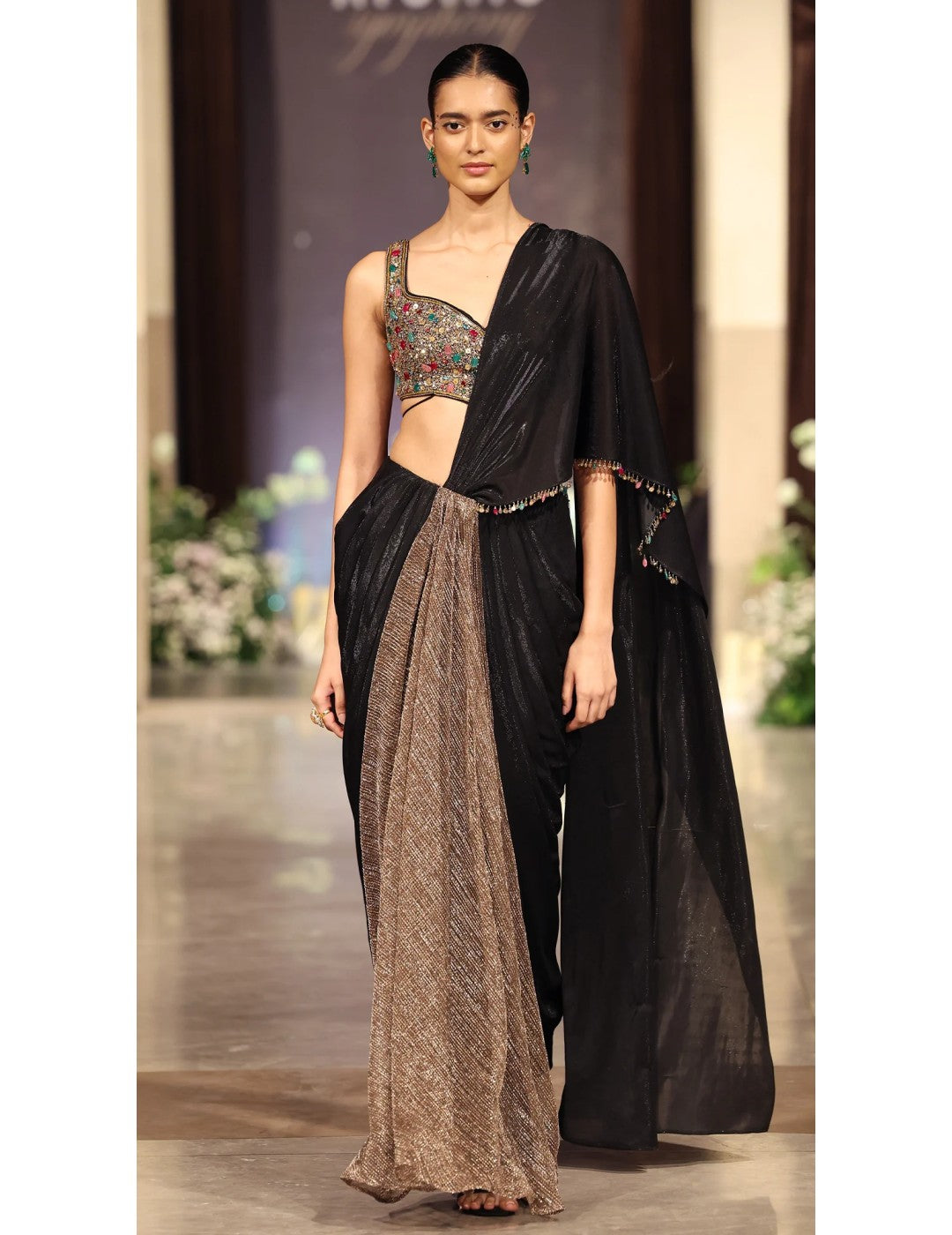 Black Lycra Embroidered Draped Saree