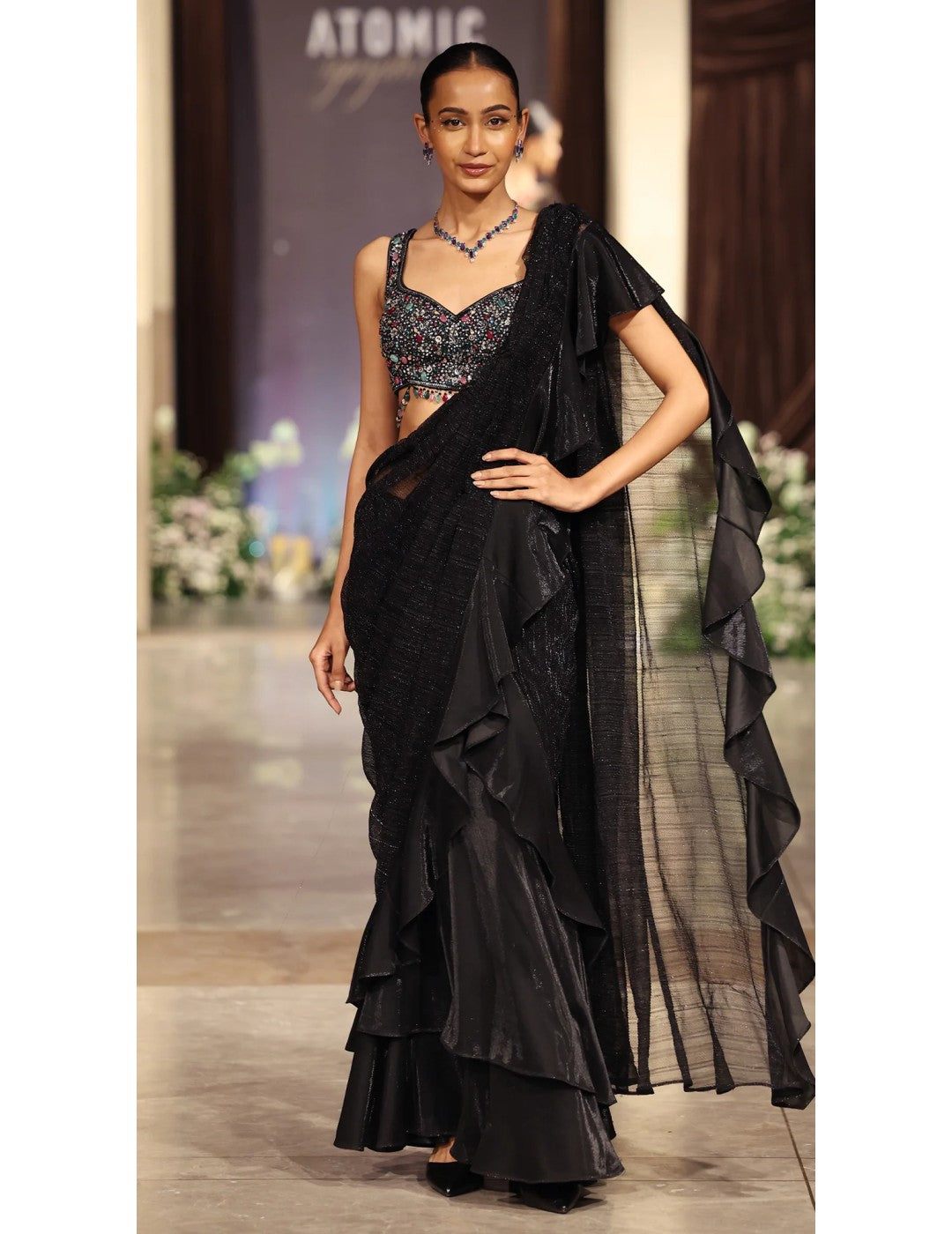 Black Lycra Embroidered Draped Saree