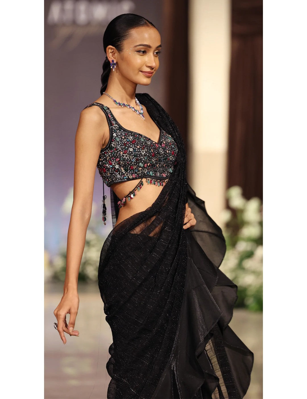 Black Lycra Embroidered Draped Saree