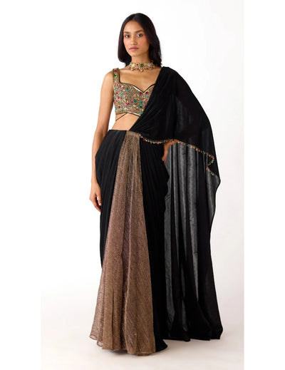 Black Lycra Embroidered Draped Saree