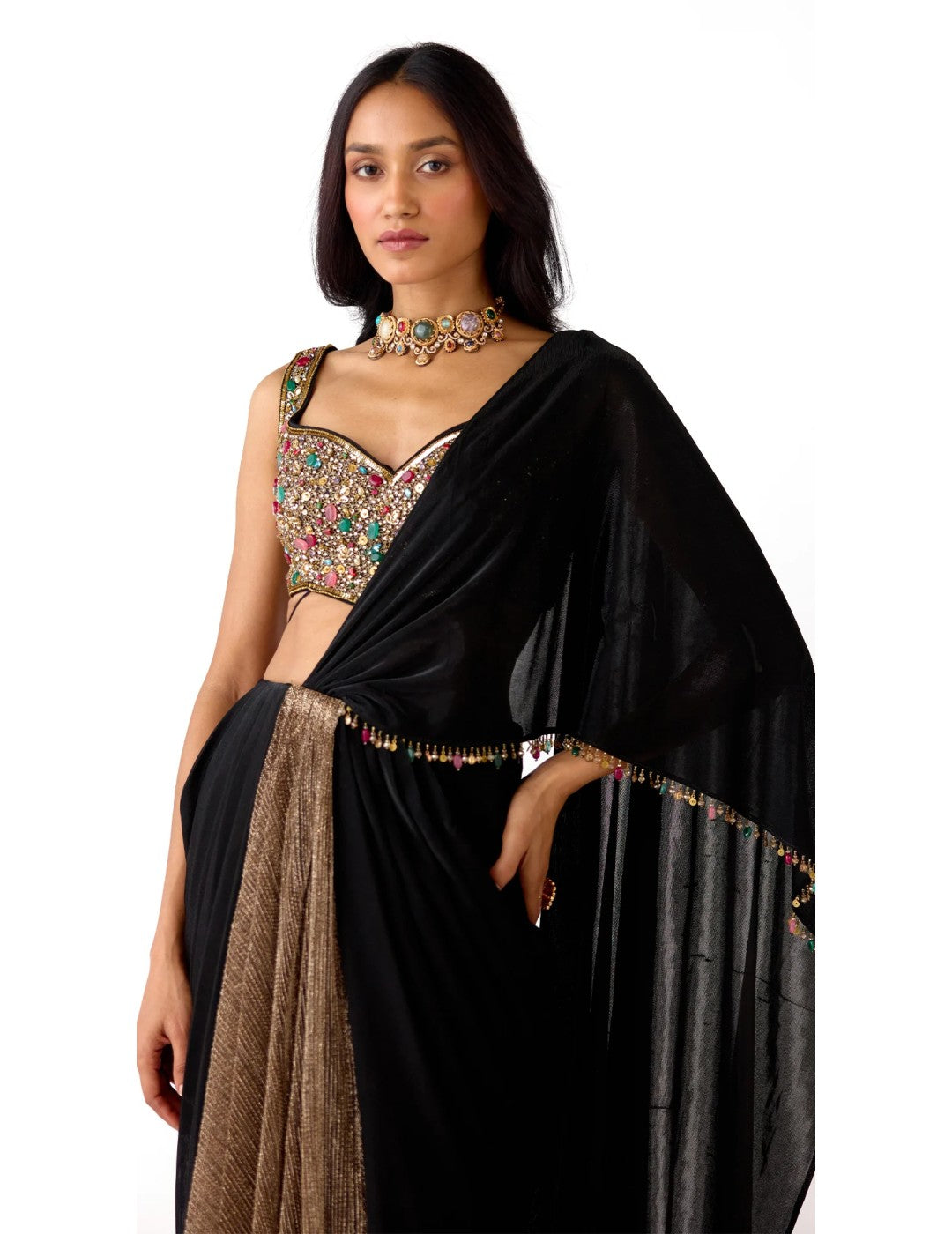 Black Lycra Embroidered Draped Saree