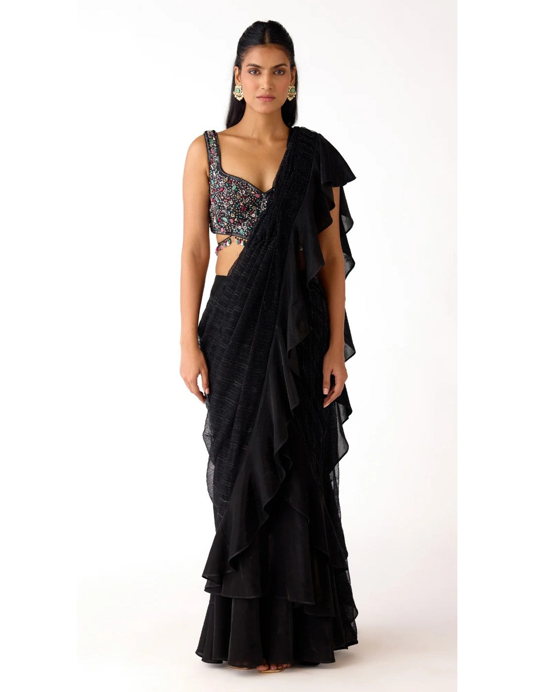 Black Lycra Embroidered Draped Saree