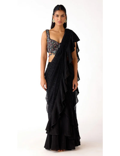 Black Lycra Embroidered Draped Saree