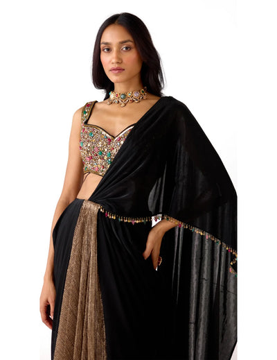 Black Lycra Embroidered Draped Saree