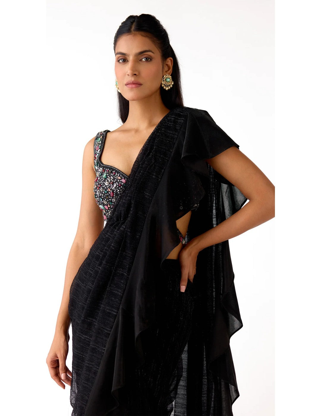 Black Lycra Embroidered Draped Saree
