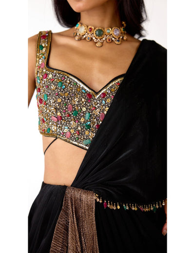 Black Lycra Embroidered Draped Saree