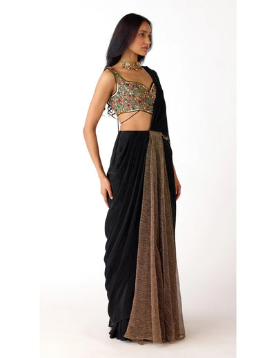 Black Lycra Embroidered Draped Saree