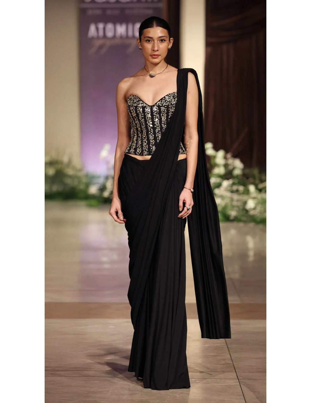 Black Lycra Embroidered Draped Saree Set