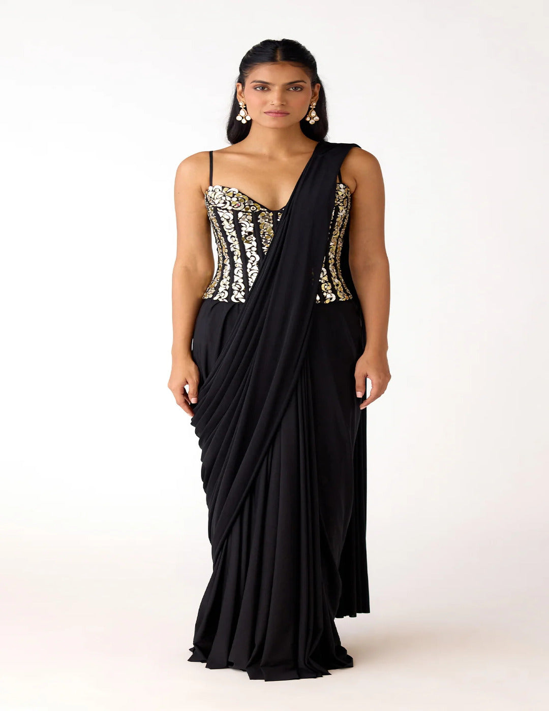 Black Lycra Embroidered Draped Saree Set