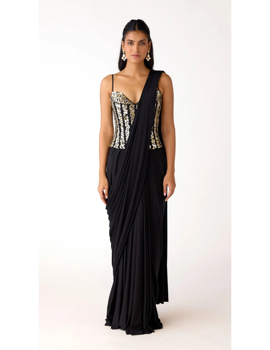 Black Lycra Embroidered Draped Saree Set
