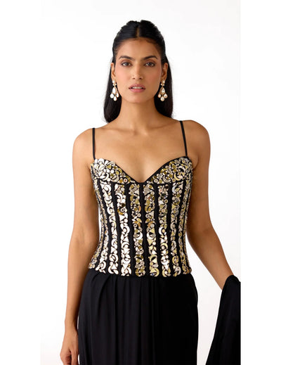 Black Lycra Embroidered Draped Saree Set