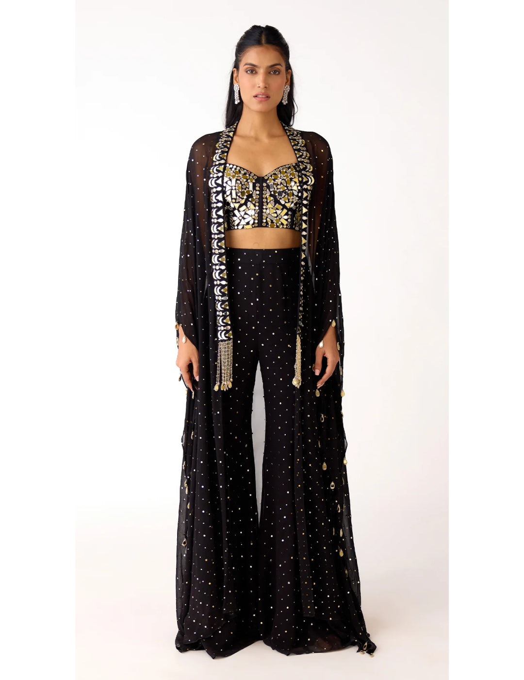 Black Mukaish Georgette Embroidered Cape Set