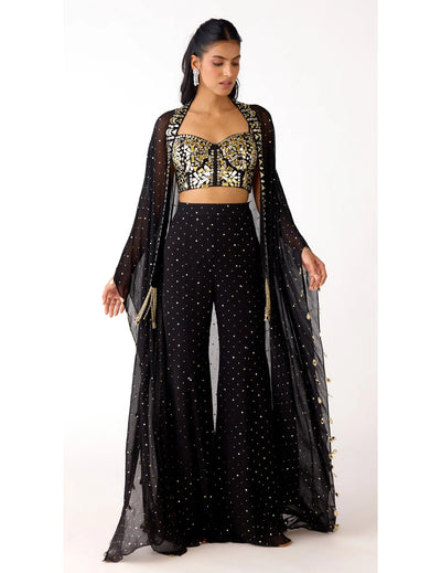 Black Mukaish Georgette Embroidered Cape Set