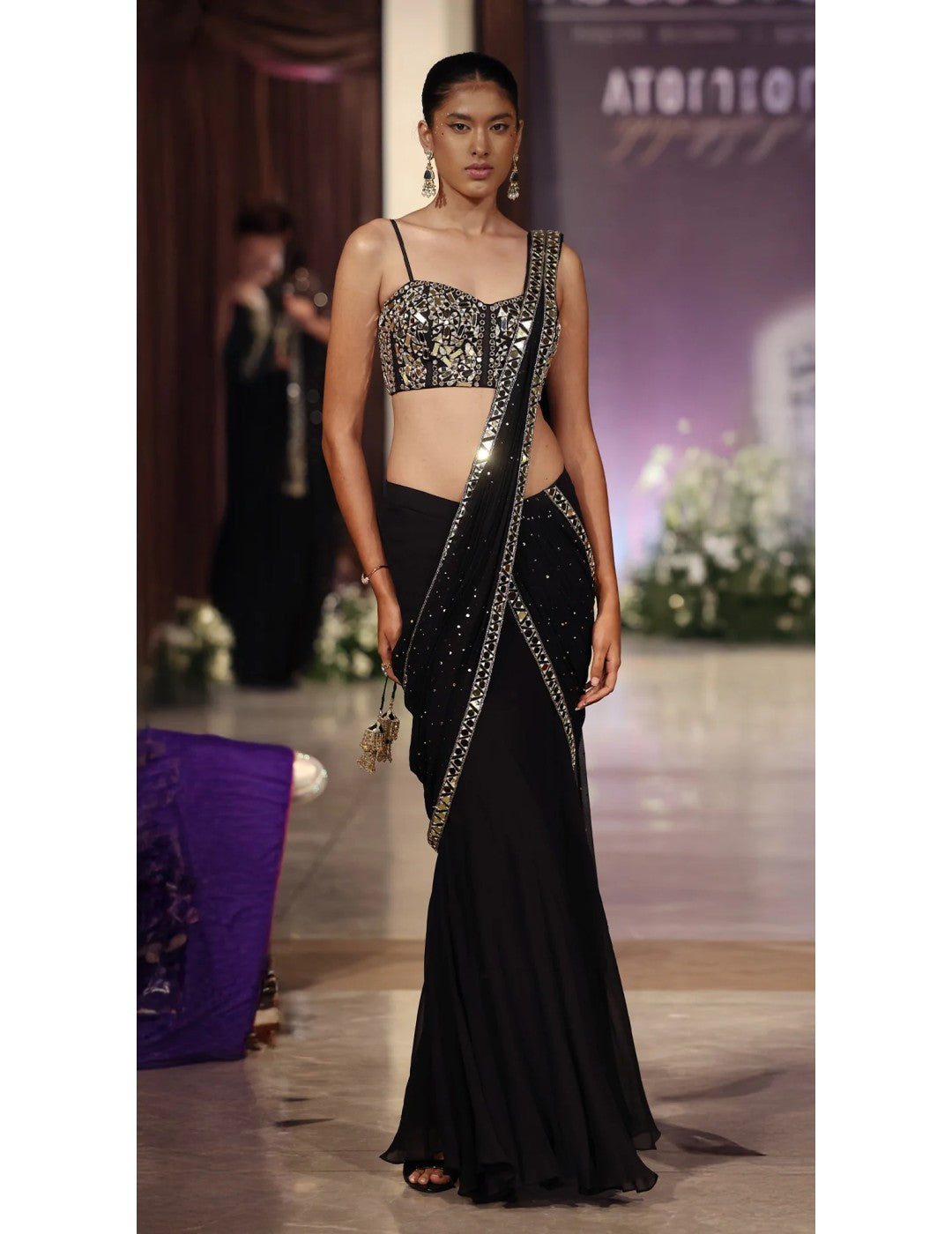 Black Mukaish Georgette Embroidered Saree Set