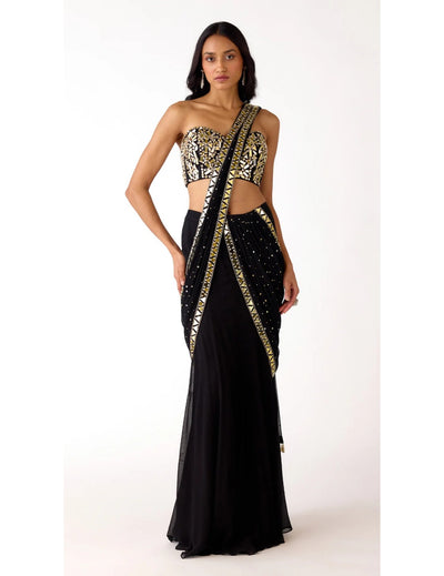Black Mukaish Georgette Embroidered Saree Set