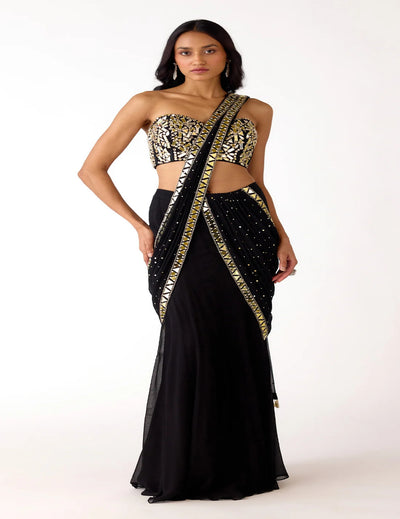 Black Mukaish Georgette Embroidered Saree Set