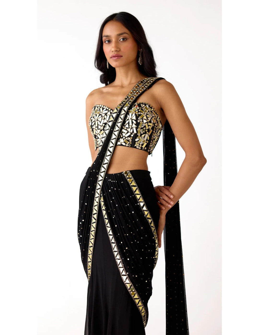 Black Mukaish Georgette Embroidered Saree Set